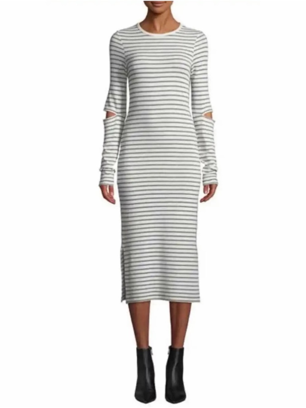 CURRENT ELLIOTT Quince Silver Metallic Striped Long Sleeve Cut-Out Midi Dress 2